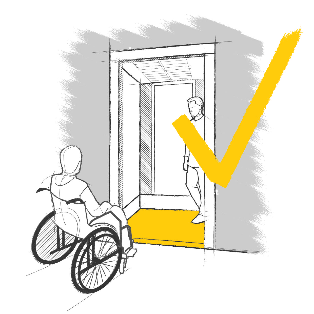 Dessin d'une personne en fauteuil roulant rentrant dans un ascenseur