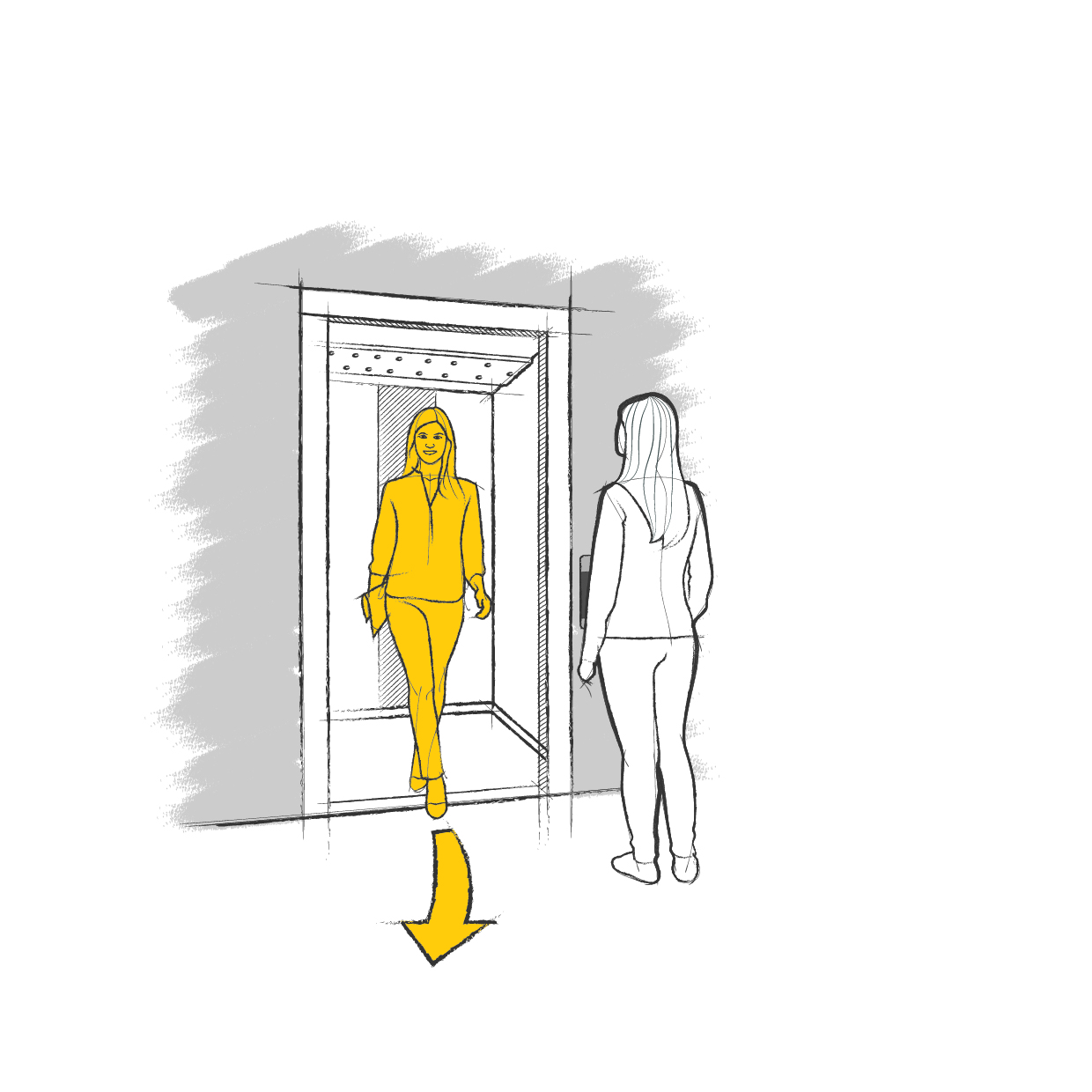 Illustration d'une femme en laissant sortir une autre de l'ascenseur