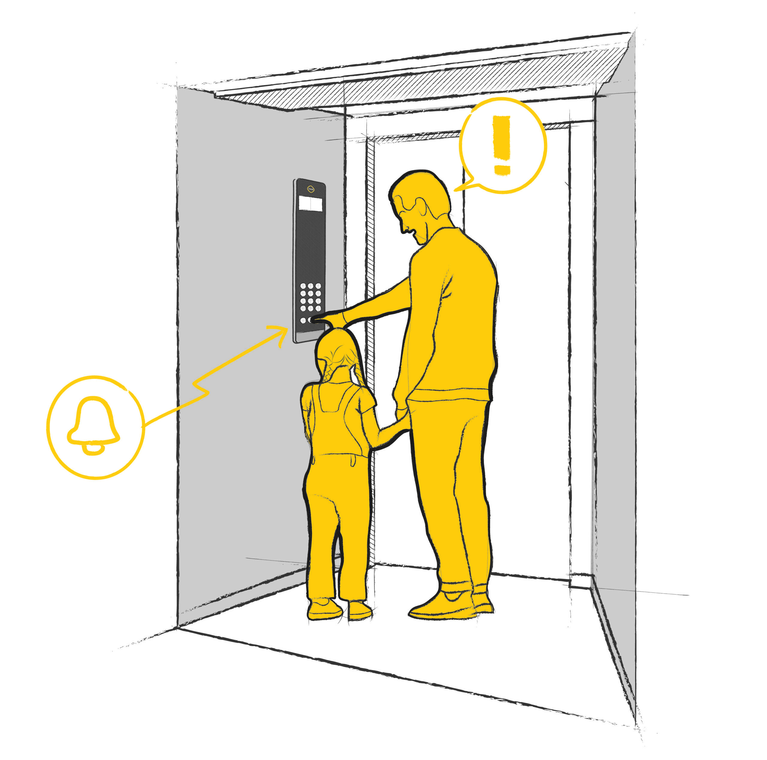 Enfant et adulte appuyant sur le bouton d'appel d'urgence de l'ascenseur